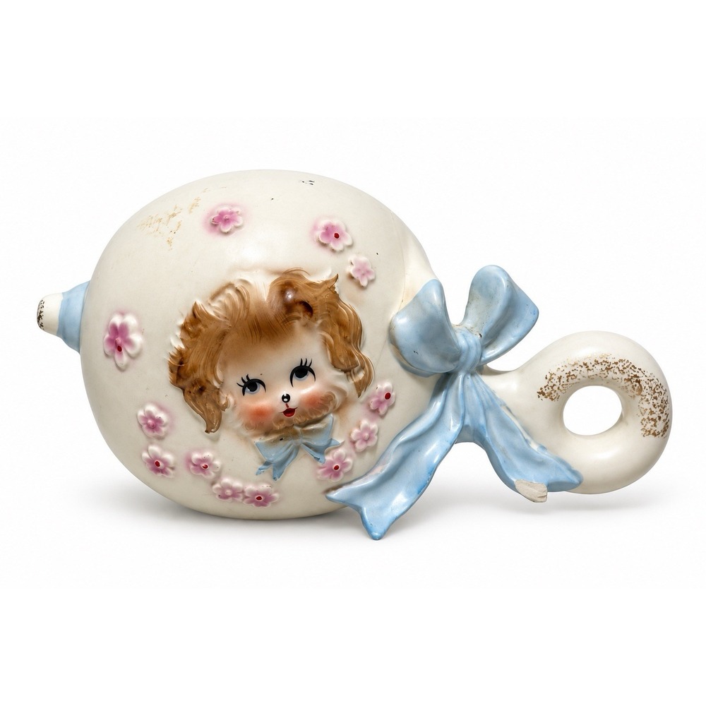 Vintage Napco Ceramic Nursery Planter Baby Rattle With Blue Bow 6"